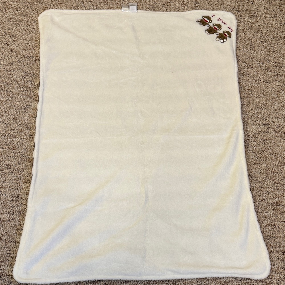 Baby Starters Cream Blanket with Sock Monkey Embroidery